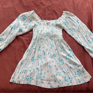 GANNI White and turquoise floral long sleeve smocked minidress